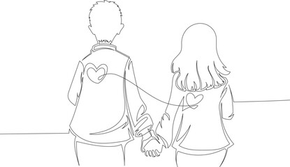 Continuous One Line Drawing of a Couple Holding Hands with Heart Connection eps10