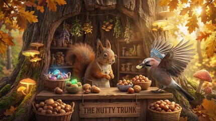 Naklejka premium Anthropomorphic Squirrel in a Tree Shop Selling Nuts to a Jay Bird in the Forest