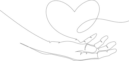 Continuous One Line Drawing of a Hand Holding a Heart eps10
