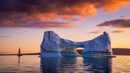 A stunning sunset illuminates a majestic iceberg arch with a sailboat in tranquil Arctic waters. Nature's grandeur, serene beauty, and golden reflections create a breathtaking scene.