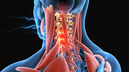 Anatomical illustration of the human neck muscles experiencing pain and inflammation