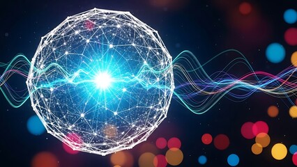 Glowing blue sphere with white geometric lines and multicolored lights glowing sphere blue light abstract