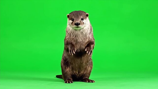 Adorable River Otter Standing on Hind Legs and Waving on a Green Screen Background.