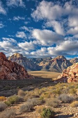Fototapeta premium Desert landscape with red rock formations, a flat valley, and distant rugged mountains under a blue, cloud-filled sky. Concept Red rock desert formations, Flat valley terrain
