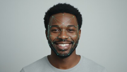 African american man smiling as ai scans his face for biometric identification, illustrating facial recognition, digital identity, security, authentication and futuristic data protection systems