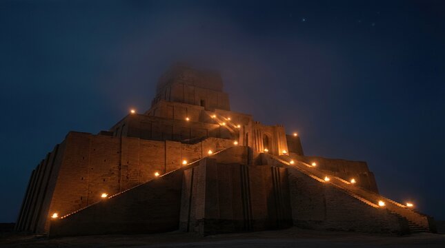Ancient Ziggurat architecture illuminated at night with clear sky. Historical Tower of Babel concept, a religious story for book illustration.
