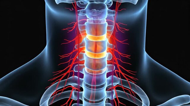 Close-up anatomical illustration of the human cervical spine with highlighted nerves and vertebrae