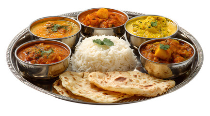 Indian thali meal with rice naan bread and various curries on transparent background