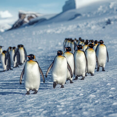 Majestic group of emperor penguins trekking across Antarctic snow under towering snowcapped mountains, embodying resilience and unity