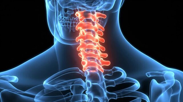 Detailed 3D render of human cervical spine highlighting neck vertebrae, anatomy and pain points; medical illustration of spinal column health