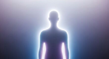 Abstract glowing human silhouette representing energy, aura, or spiritual light against a futuristic purple and blue gradient background.