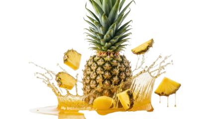 Peeled pineapple with green crown and golden flesh plunges into rich juice, creating an energetic splash with slices on white, concept for beverage advertising