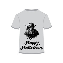 Light gray t-shirt featuring intricate black and white illustration of soldier in tactical gear with 'happy halloween' text below, perfect for holiday apparel