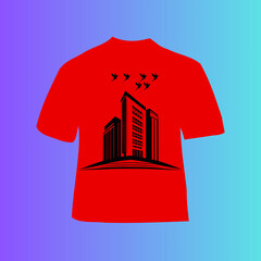 Red shirt with striking black silhouette of city buildings, five birds soaring above, and elegant solid black base for a modern urban design on vibrant gradient background