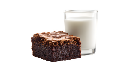 Chocolate brownie and glass of milk on transparent background