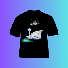Graphic design of black t shirt featuring military camouflage helicopter flying above modern airport terminal building with control tower and small blue pond illustration isolated on gradient back