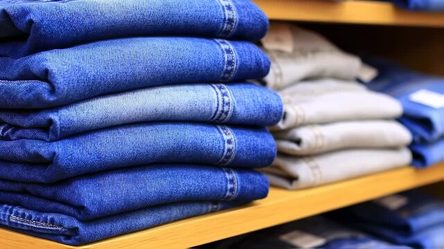 Folded blue denim jeans stacked on wooden store shelf next to other colored folded garments