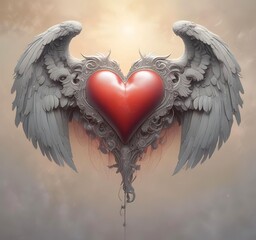Elegant heart with angel wings, soft lighting, romantic fantasy artwork, minimal design, stock ready