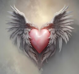 Elegant heart with angel wings, soft lighting, romantic fantasy artwork, minimal design, stock ready