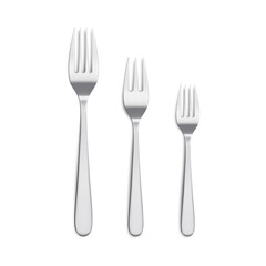 Kitchen cutlery for serving food, realistic forks set. Vector stainless steel utensils for desserts or main course in restaurants. Silverwares for dining, family gatherings or everyday plating