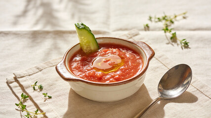 Delicious soup served in a bowl with cucumber garnish on a simple table setting during lunch