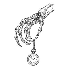 Skeleton hand holds a pocket watch on a chain, black and white sketch. Vector illustration. Drawing in a simple style isolated on a white background. Suitable for labels, banners, Halloween signs
