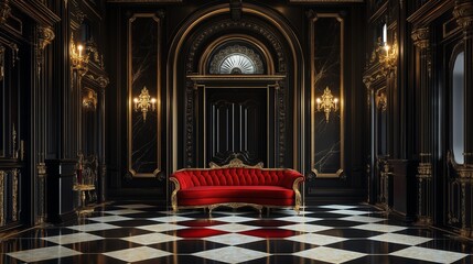 Elegant opulent interior with red velvet furniture in a luxurious black and gold room