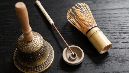 Travel flatlay with traditional tools for making tea in a simple setup