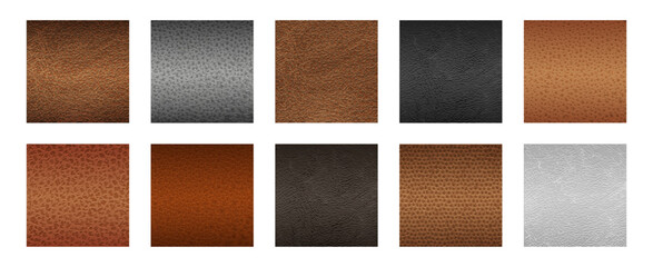Fototapeta premium Square pieces of fabric, realistic set of leather patches. Vector collection of craft emblems, calfskin badges. Fashion branding, repair and reinforcement, decorative and personalized items