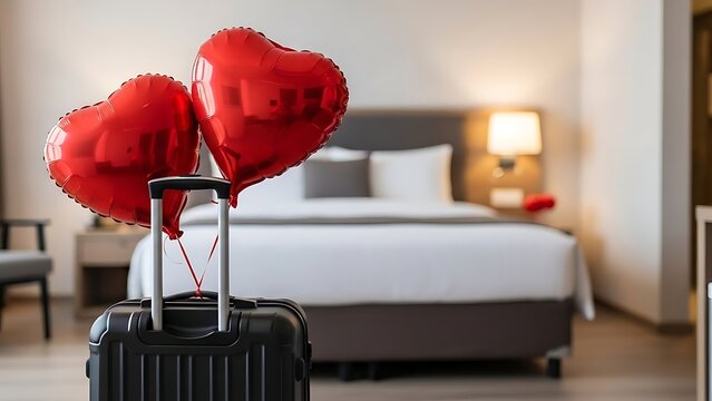 Romantic valentine's day hotel room setup with luggage and red balloons