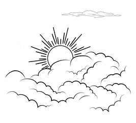 The sun with rays is hidden in the clouds, black and white sketch. Vector illustration. Dawn of the rising sun in fluffy clouds, isolated on a white background