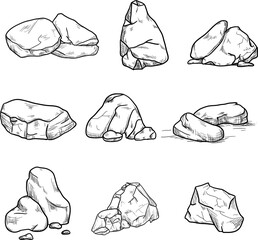 Stones of different shapes, black and white sketch. Vector illustration.Collection of rock fragments, boulder, gravel rubble isolated on white background