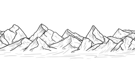 Mountain range, black and white sketch. Vector illustration. Seamless horizontal border, isolated on a white background. Rocks and stones drawn by hand in a simple style