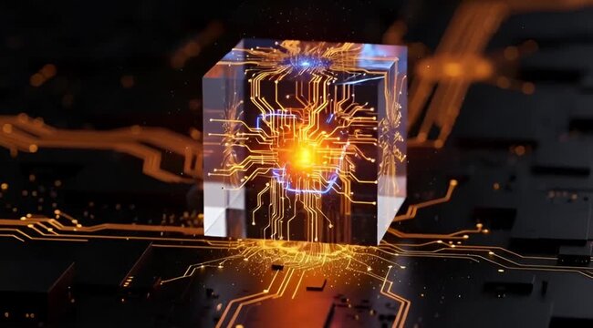 Futuristic Crystal Cube Orange Energy Core: Blue Lightning Golden Circuit Glow