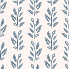 Floral striped print for fabric, textile products, packaging. Seamless repeating vector pattern, wallpaper. Blue-gray twigs, branches with leaves on a light pastel background.