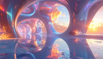 Holographic forms create futuristic scenery at sunset with abstract architecture and colorful reflections.