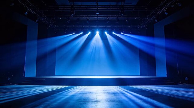 Empty stage with blue spotlight beams illuminating the floor