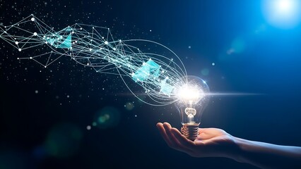 Hand holding glowing light bulb with abstract network emerging