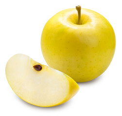 Yellow apple isolated on white background, Juicy and bright Shinano gold apple on White Background High resolution photography, With clipping path.
