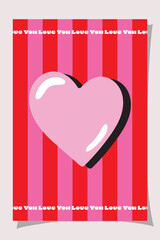 Heart on striped background. Pink shape with black shadow and white highlights. Text says love repeatedly. Design for romantic celebration and emotional message.