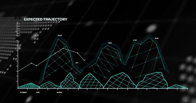 Animation of digital data processing and world map over clack background