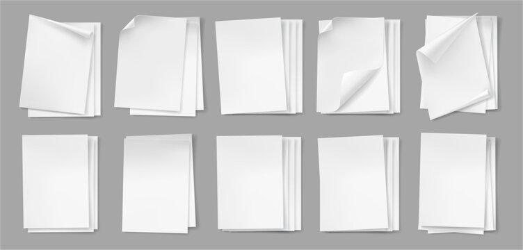 Flipping book effect, pages curl or bent edges of empty notebooks or blank documents. Vector realistic collection of curved written materials corners. Folded piece of sheet or brochures set