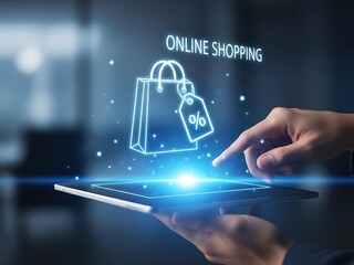 Hands interacting with tablet displaying online shopping icons and glowing blue interface