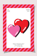 Two hearts with gloss and shadow. Pink and red shapes overlap on white space. Frame with diagonal lines. Date and message for holiday and romance included.