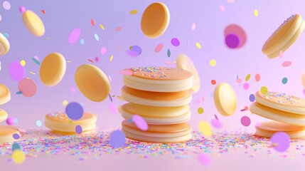 Modern playful background for Carnival and Shrove Tuesday, floating pancakes and colorful carnival confetti, soft pastel color palette mixed with vibrant accents