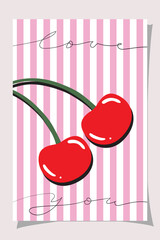 Two bright cherries with green stems on striped background. Word love written above and below. Playful design with romantic meaning and fun style