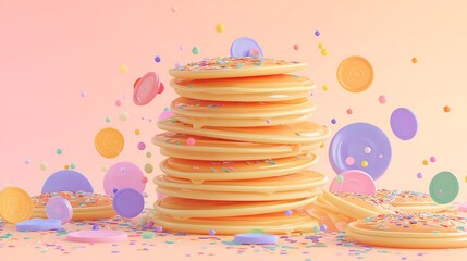 Modern playful background for Carnival and Shrove Tuesday, floating pancakes and colorful carnival confetti, soft pastel color palette mixed with vibrant accents