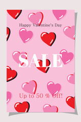 Pattern with red and pink hearts on soft background. Large text in center highlights discount. Holiday sale design with cheerful and warm romantic mood.