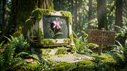 Digital Detox Concept with Old Computer Covered in Moss and Flowers in Forest