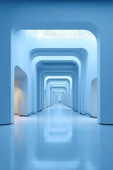 Fototapeta premium Blue futuristic hallway with a series of rounded archways forming a long tunnel. Concept Blue futuristic hallway, Rounded archways, Long tunnel perspective, Sci-fi architecture, Neon blue lighting